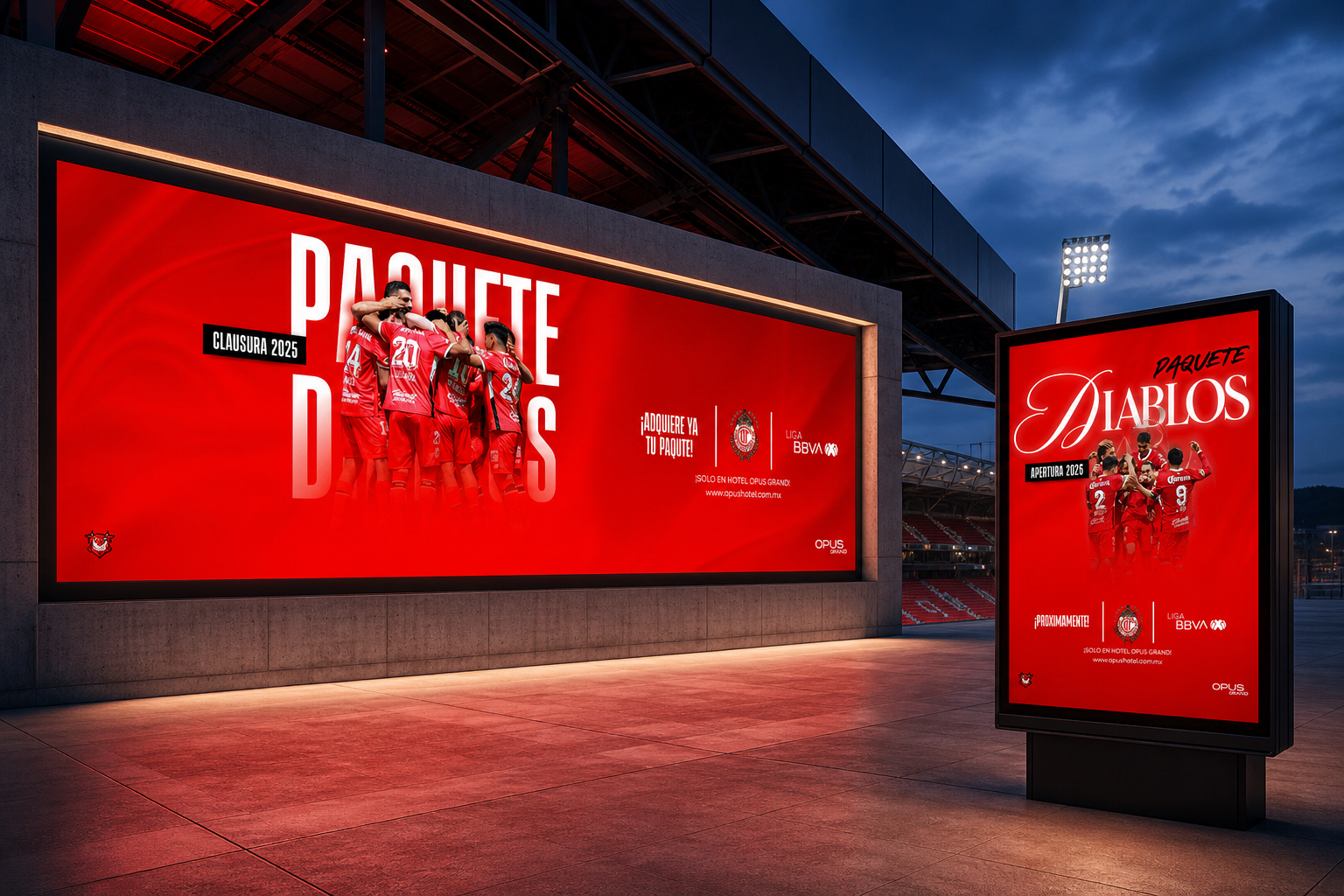 Campaña Paquete Diablos presentada en anuncios dentro de un estadio